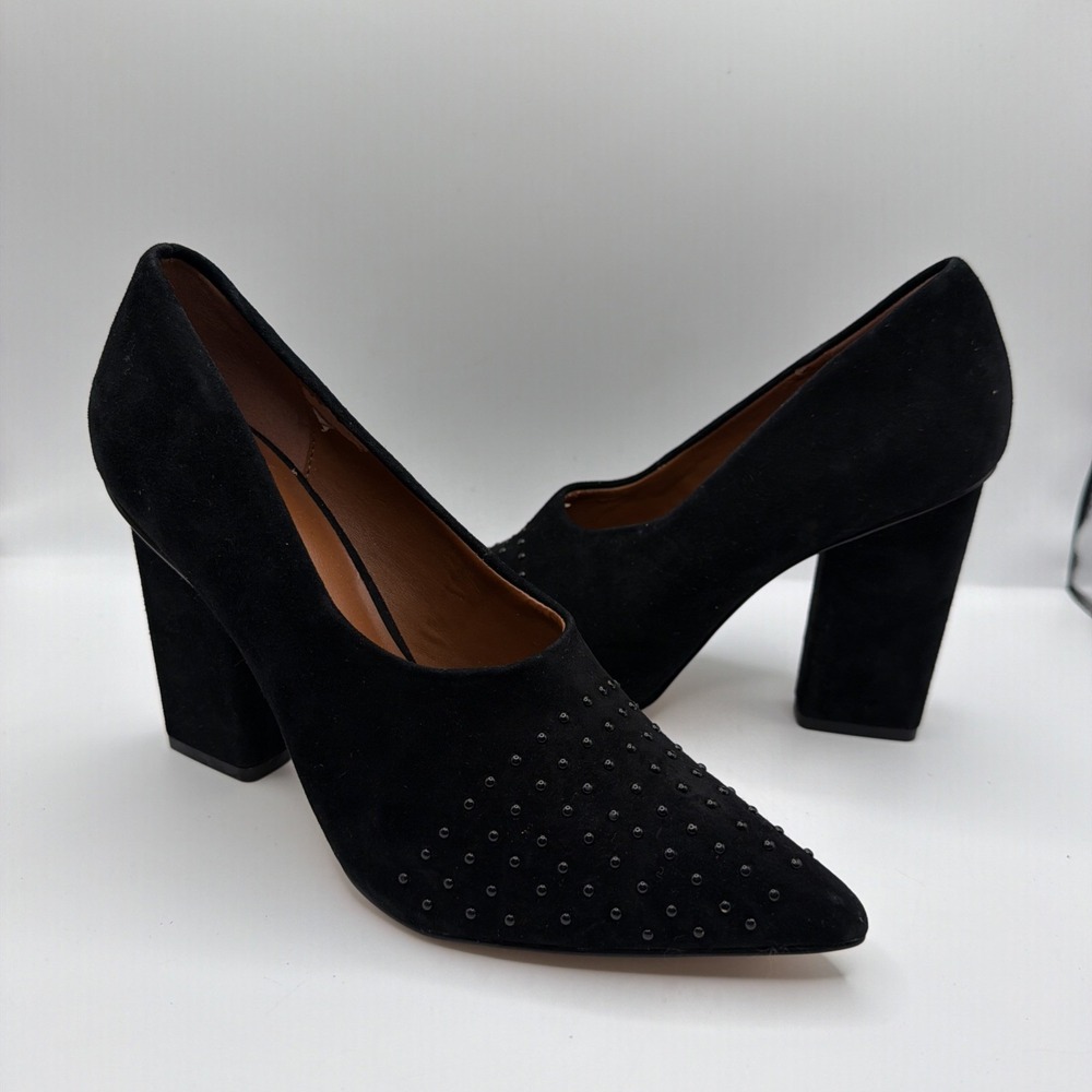 H by Halston Laurel black suede studded Pointed Toe Pump Block heels sz 7